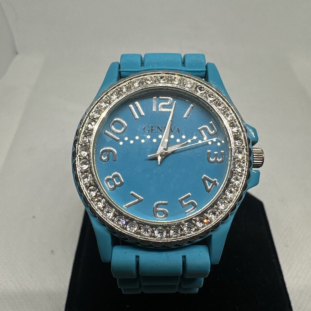 Geneva P796 Watch Blue Silicone Strap Rhinestone Bezel Analog Quartz Unisex
